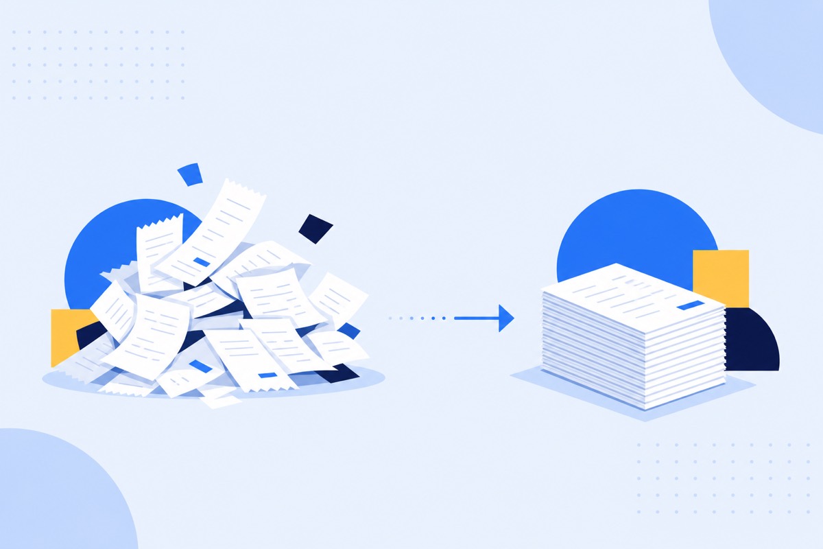 A pile of loose receipts resolving into one neat stack