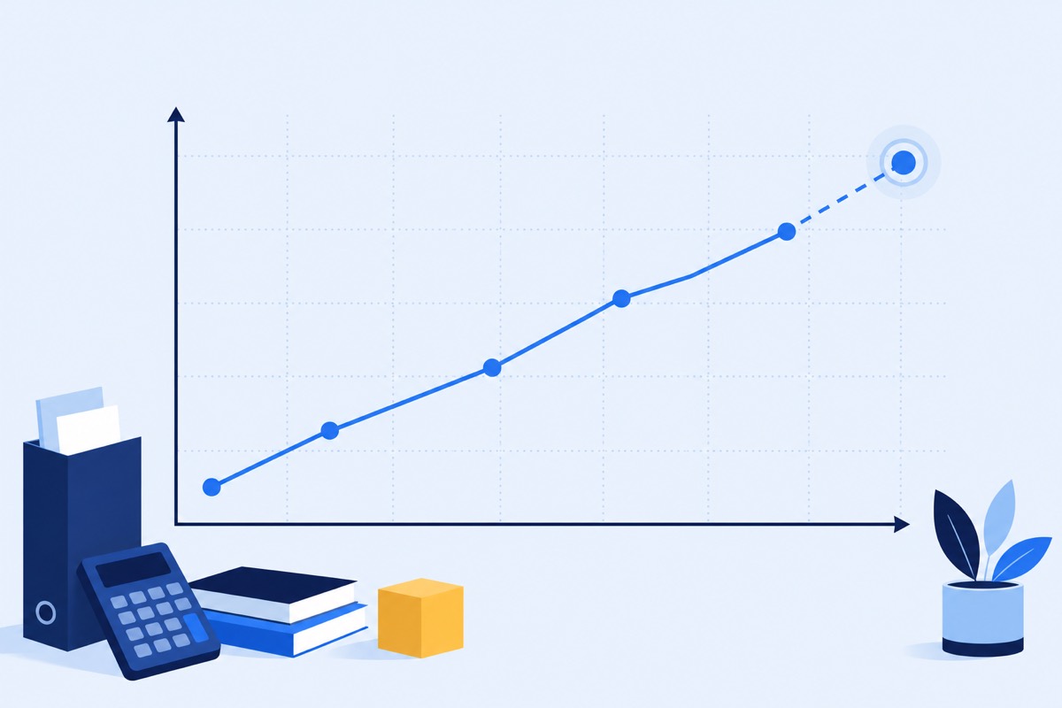 A line chart rising across a grid, with a marker on a future point