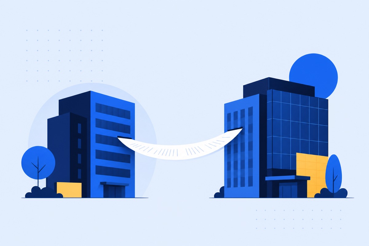 Two buildings joined by a bridge of paper, for firms working together