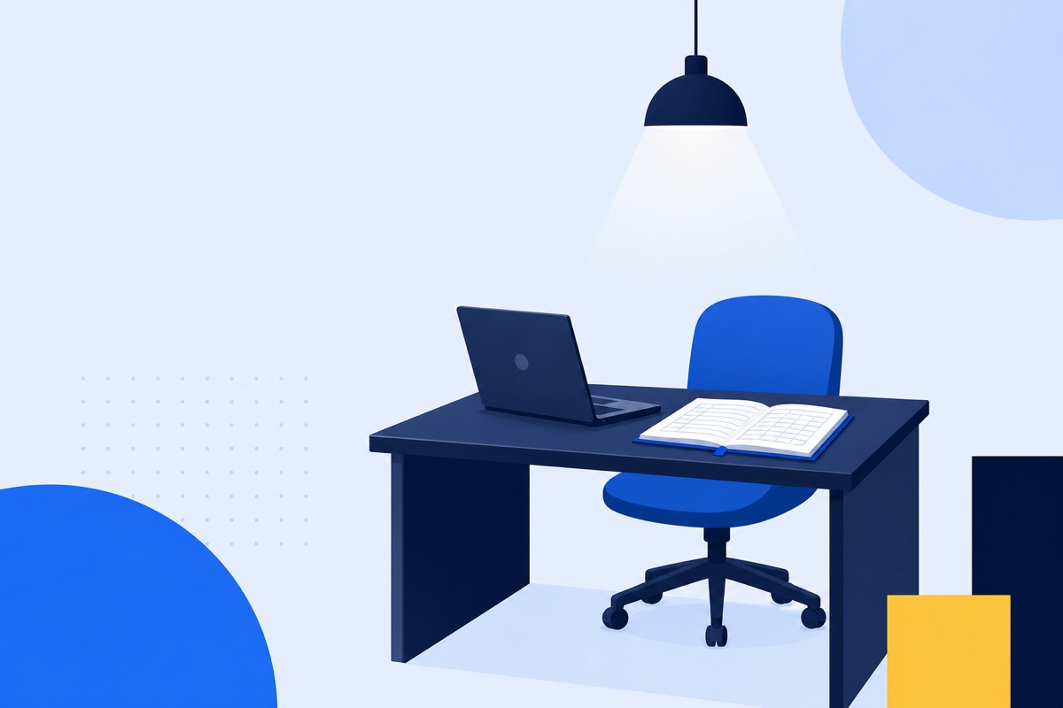 A single desk with a laptop and a ledger, lit from above