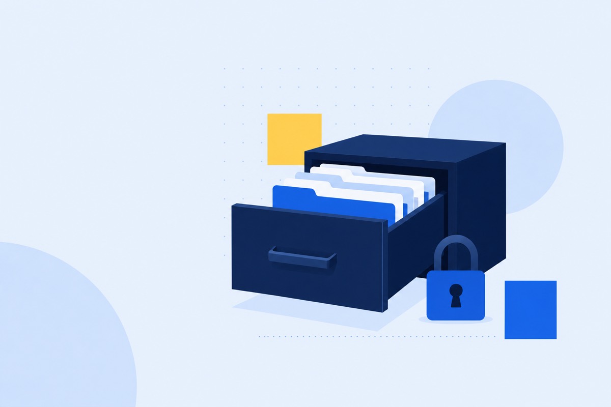 A drawer of folders closing, with a small lock beside it