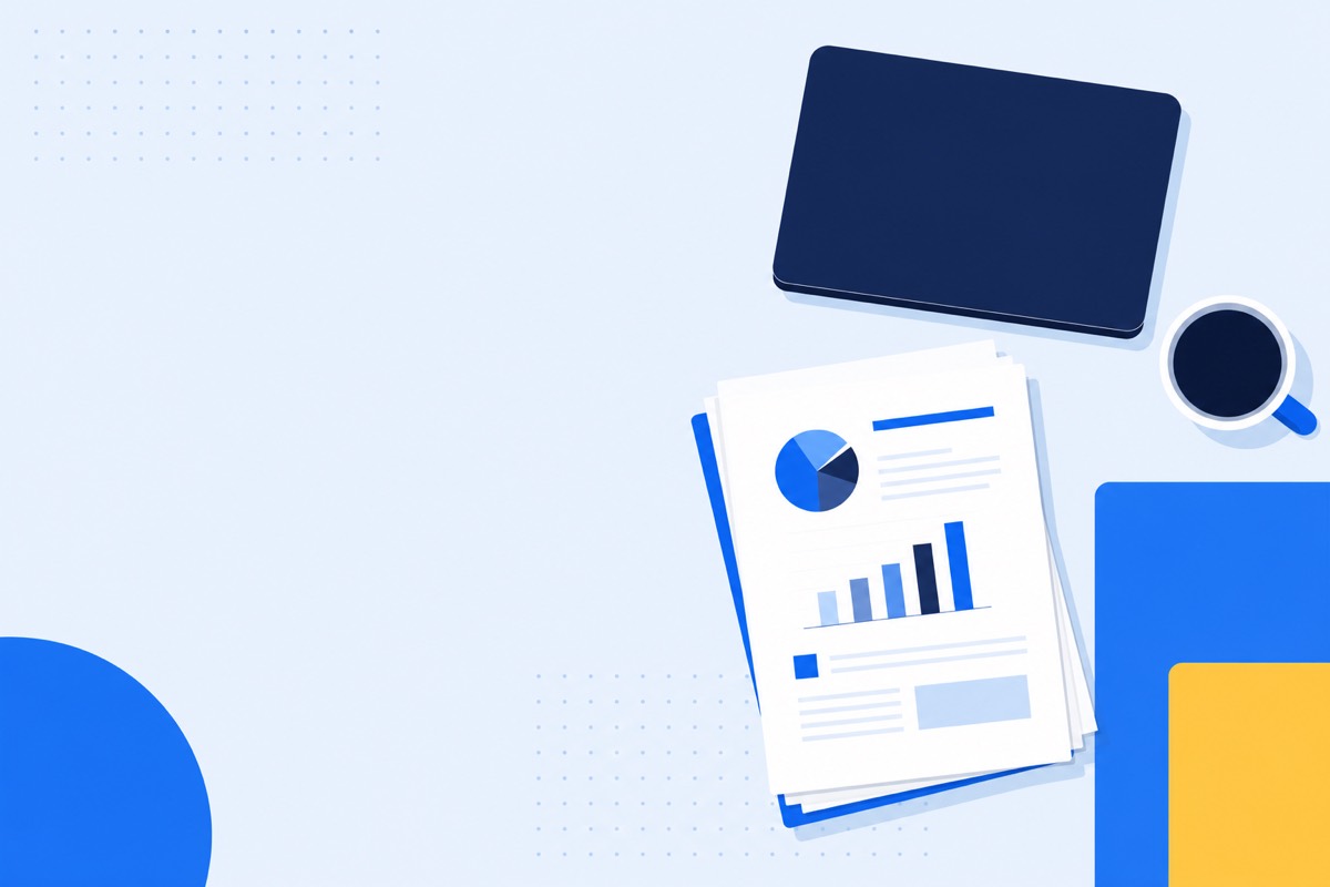 Financial statements stacked neatly beside a laptop, in the firm's blue and navy